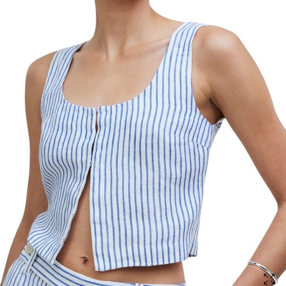 Madewell 100% Linen Scoopneck Stripe Crop Tank in Bluestone Size M - Picture 12 of 12